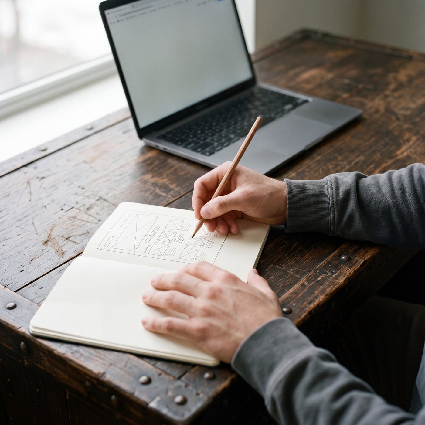 Hands sketching a website wireframe in a notebook beside the laptop.