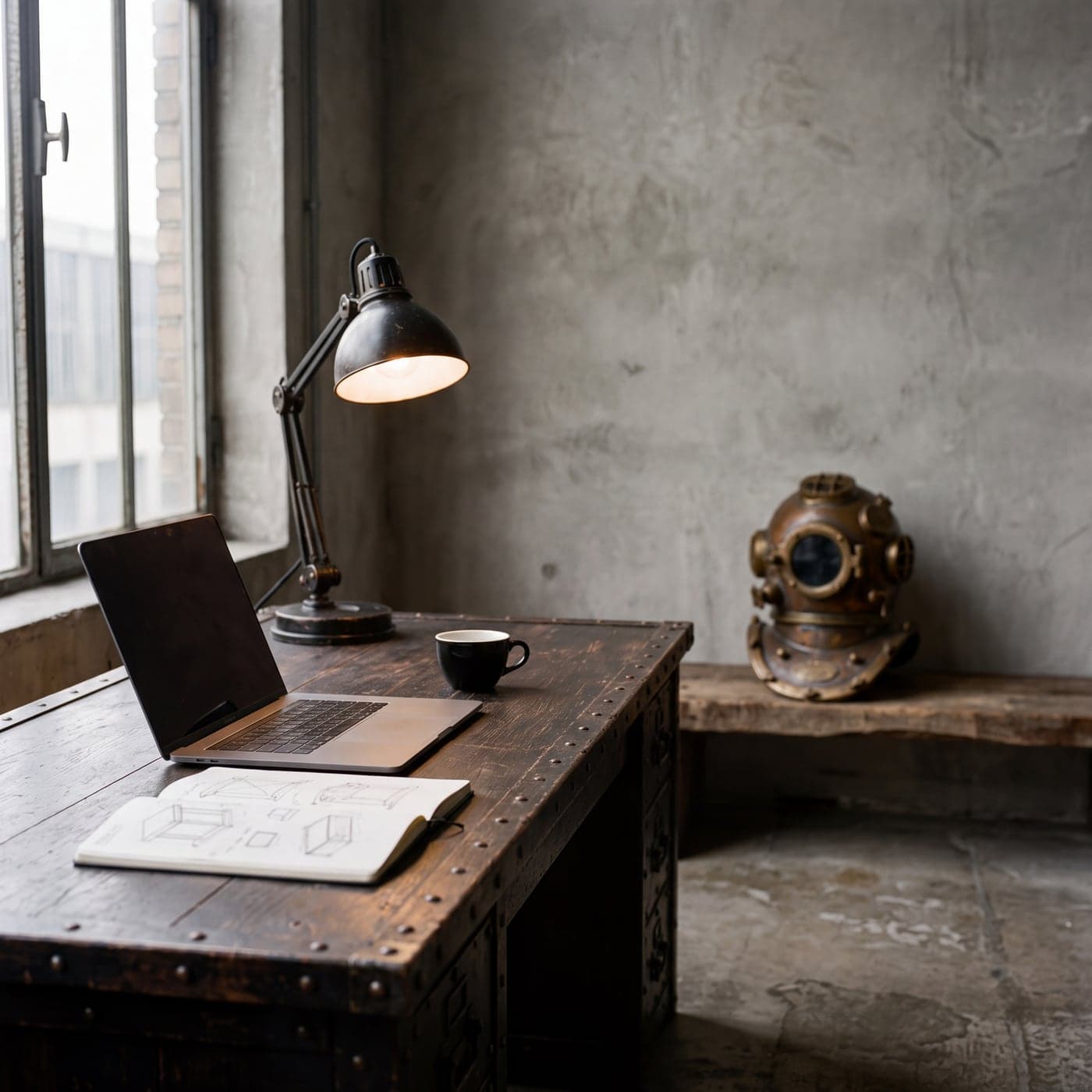 The studio desk by the window: laptop, sketchbook, lamp, and the diving helmet on the shelf.