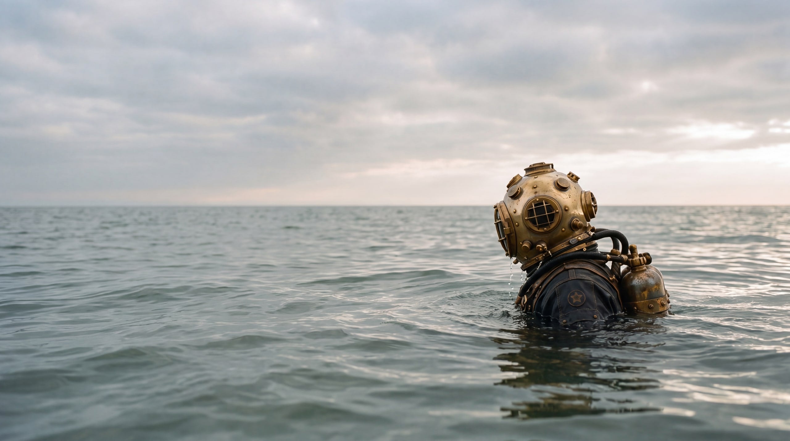 A diver in a brass helmet treads water in a calm grey sea, only his helmet and shoulders above the surface.